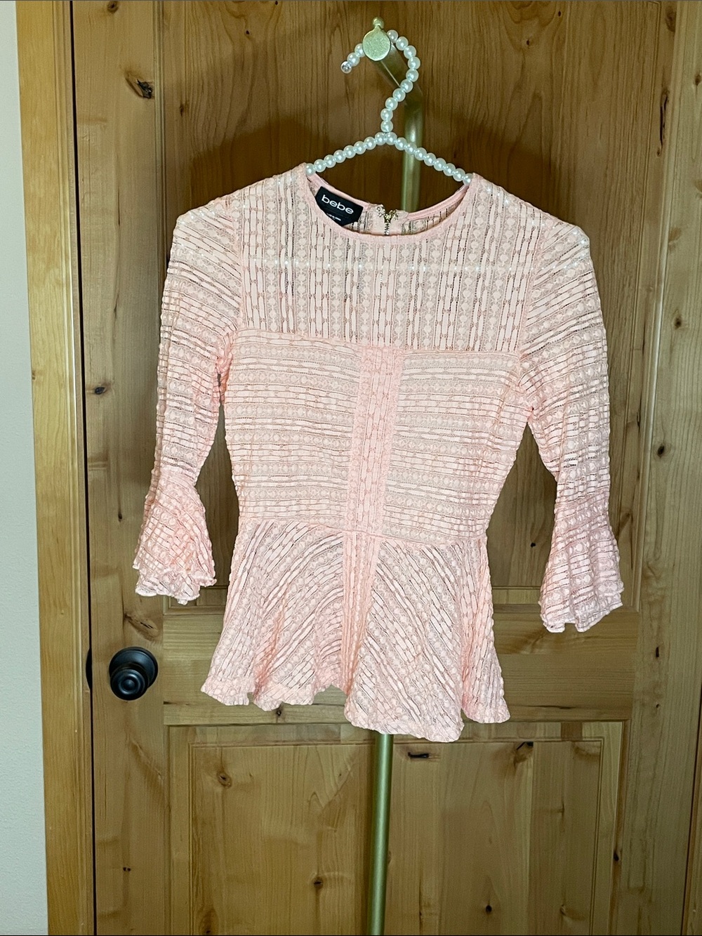 bebe Blush Pink Lace Peplum Blouse Size XS